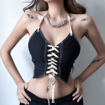 Hot girl style contrast color tie halter camisole small vest fashion holiday style show chest crop top