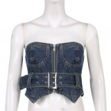 Celebrities with the same street hot girl sexy one-shoulder heavy industry corset denim vest new irregular chest top