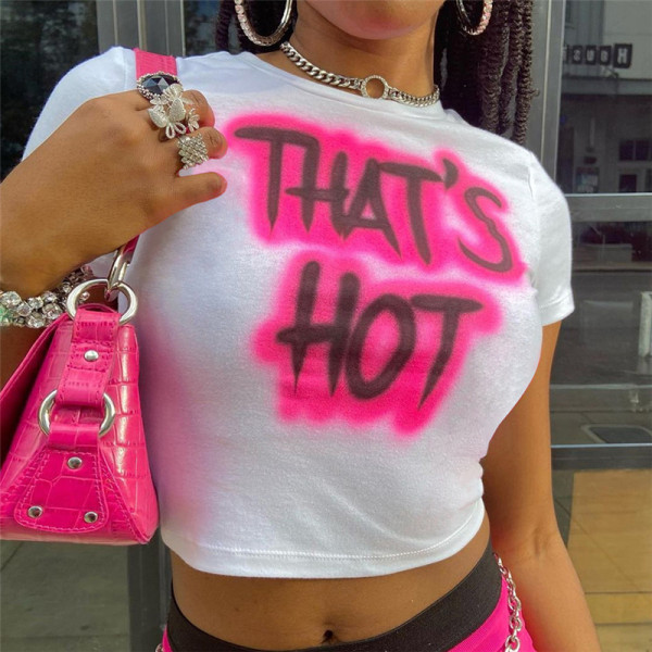 Women's Round Neck Short Sleeve Letter Print Short Navel Slim Hot Girl T-Shirt Women