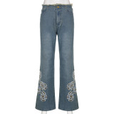 Street Trend Hot Girl Hollow Embroidered Flower Raw Edge Jeans Low Waist Slim Slim Pants
