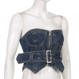 Celebrities with the same street hot girl sexy one-shoulder heavy industry corset denim vest new irregular chest top