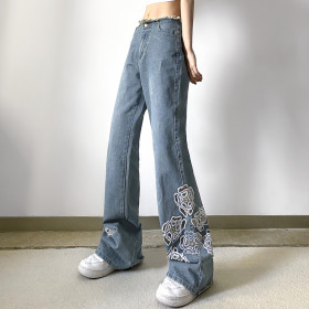 Street Trend Hot Girl Hollow Embroidered Flower Raw Edge Jeans Low Waist Slim Slim Pants