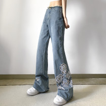 Street Trend Hot Girl Hollow Embroidered Flower Raw Edge Jeans Low Waist Slim Slim Pants Street Trend Hot Girl Hollow Embroidered Flower Raw Edge Jeans Low Waist Slim Slim Pants
