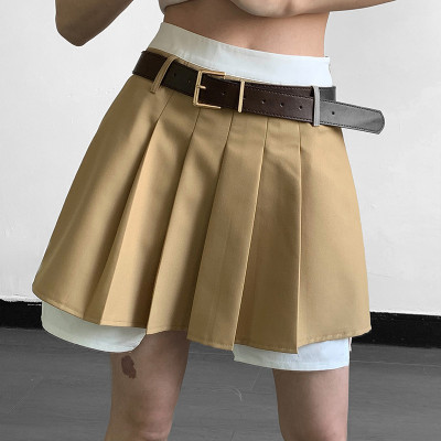 Small fresh and sexy high waist color matching pleated skirt is thin and anti-glare waist skirt