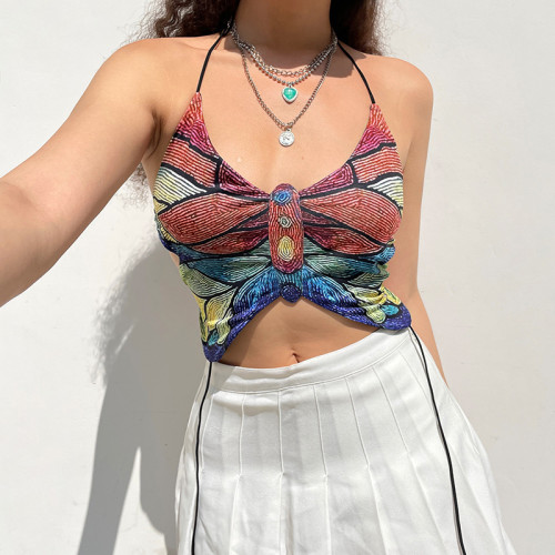 Women's Butterfly Print Colorful Halter Strap Sexy Tank Top