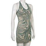 Sexy pattern halter neck bandage woolen dress slim hot girl revealing backpack hip skirt