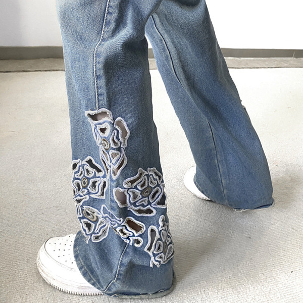Street Trend Hot Girl Hollow Embroidered Flower Raw Edge Jeans Low Waist Slim Slim Pants