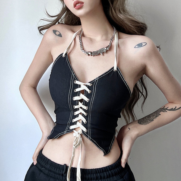 Hot girl style contrast color tie halter camisole small vest fashion holiday style show chest crop top