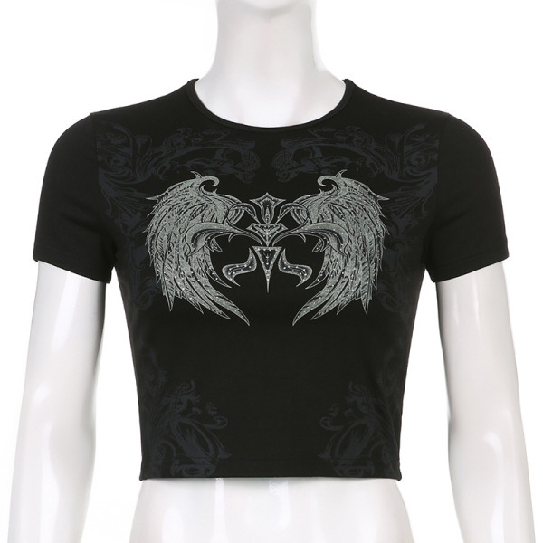 Street fashion women's solid color round neck printing slim short sexy T-shirt trend