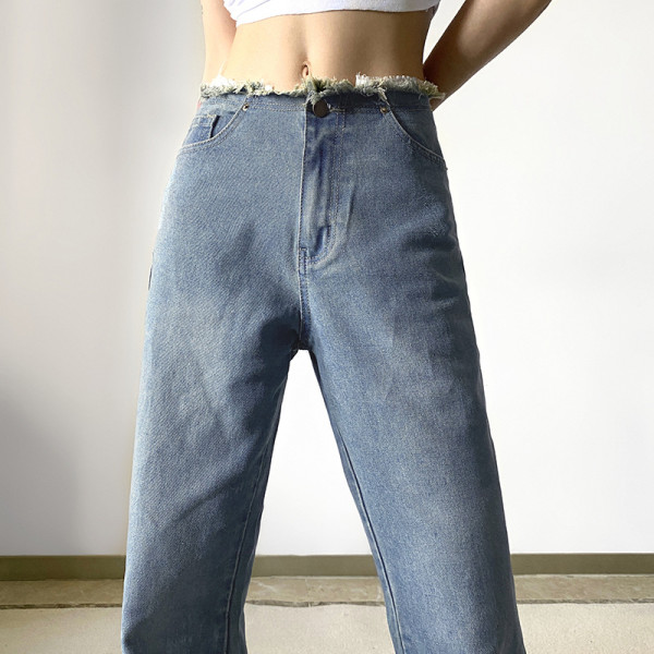 Street Trend Hot Girl Hollow Embroidered Flower Raw Edge Jeans Low Waist Slim Slim Pants