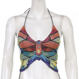 Women's Butterfly Print Colorful Halter Strap Sexy Tank Top