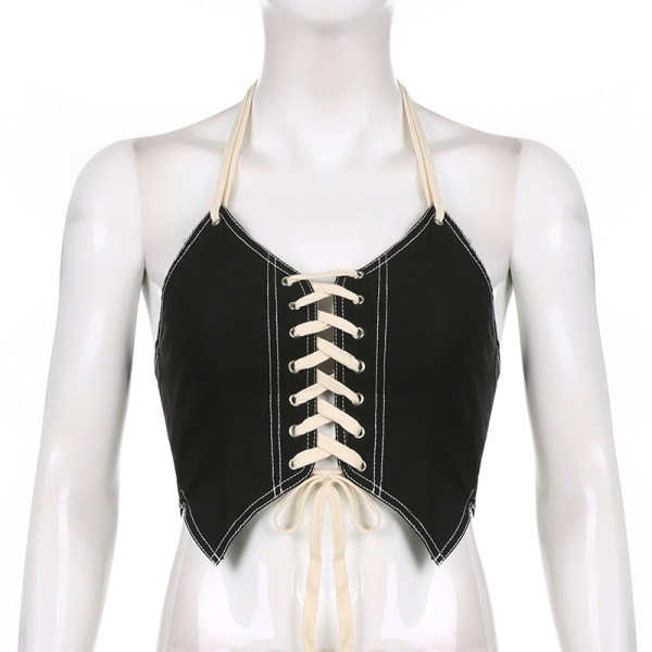 Hot girl style contrast color tie halter camisole small vest fashion holiday style show chest crop top