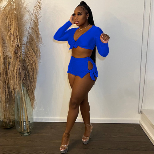 Solid Color Sports Ladies Two-piece Sexy Lace Up Navel Shorts Suit Fashion Summer Women's Clothing