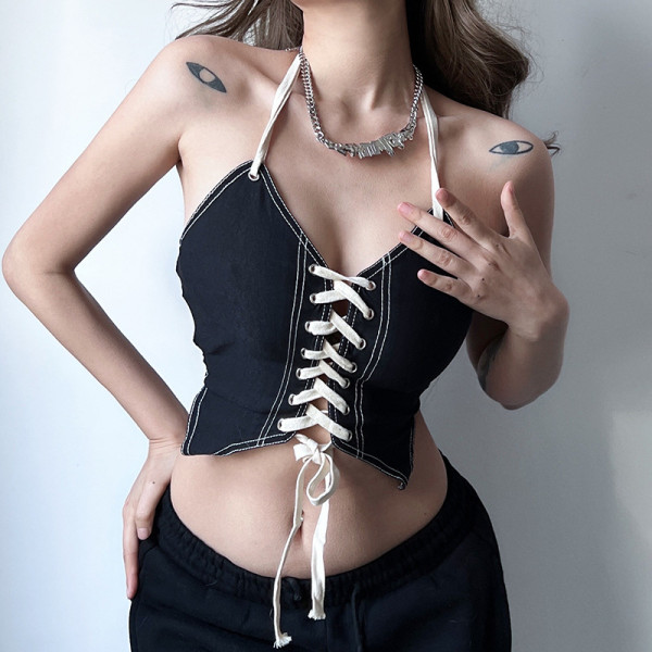 Hot girl style contrast color tie halter camisole small vest fashion holiday style show chest crop top