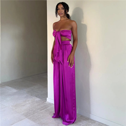 Women's Short Navel Tube Top High Waist Bag Hip Wide Leg Pants Casual Suit Women