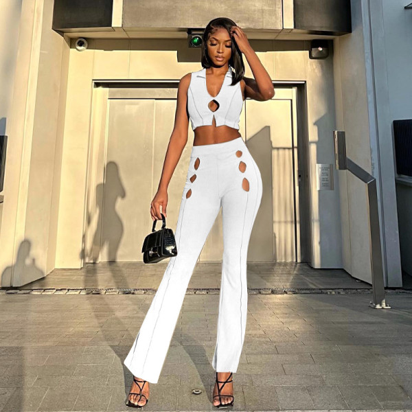 Solid Color Hollow Sleeveless Tank Top Pants Two-piece Fashion Suit