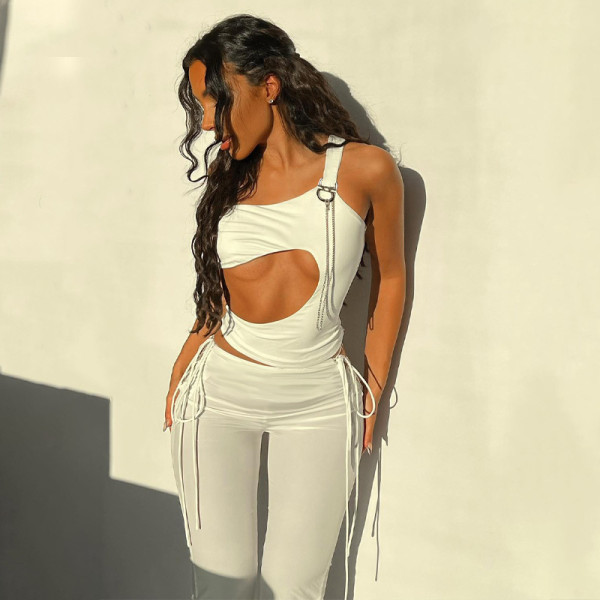 Women's Solid Color One Shoulder Hollow Vest Two Piece Fashion Casual Suit