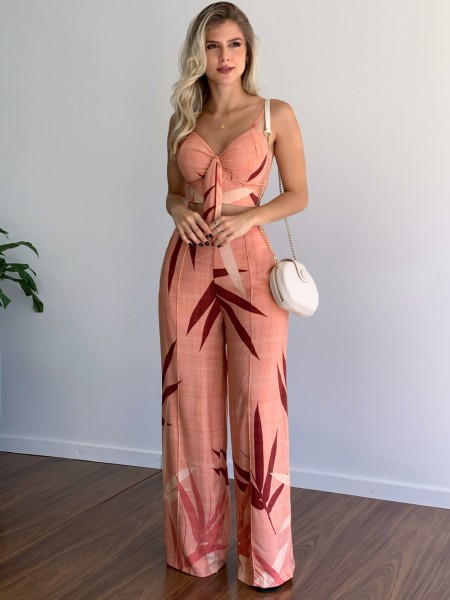 Casual suit V-neck short vest high-waist printed wide-leg pants two-piece set