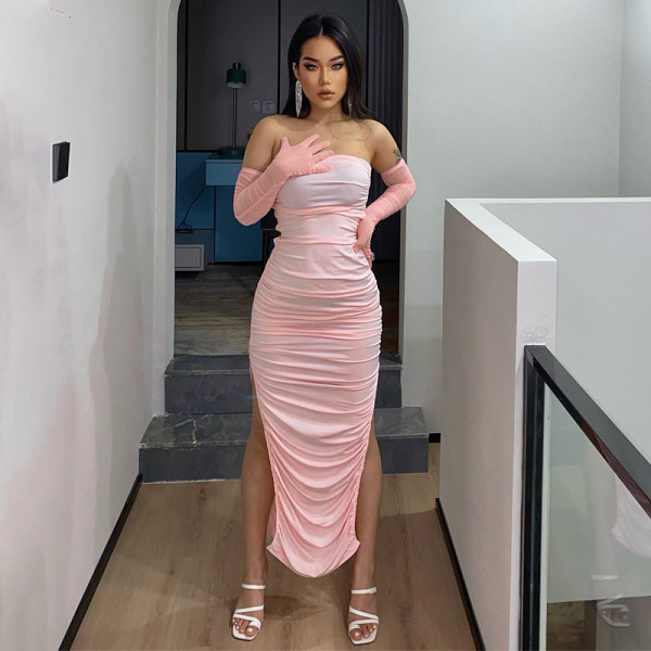 Mesh Sleeves Sexy Wrap Bust Pleated Long Dress