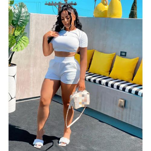 Women's Solid Color Shorts Short Sleeves Back Cutouts Drawstring Suits Cotton Faux Fabrics