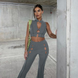 Solid Color Hollow Sleeveless Tank Top Pants Two-piece Fashion Suit
