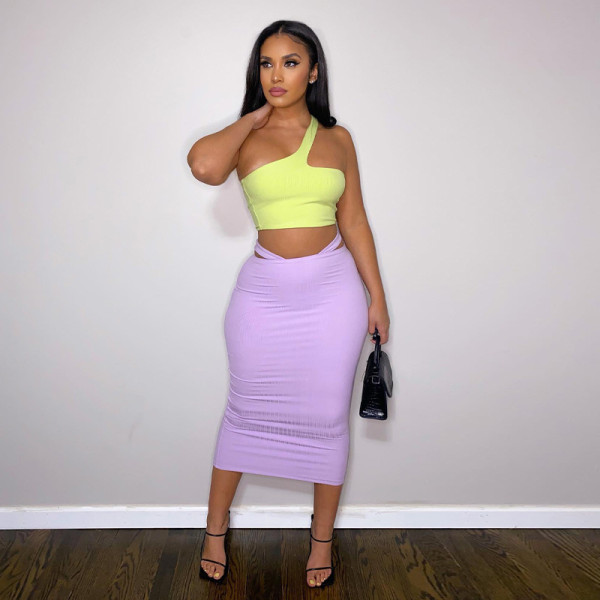 Contrast Color One-Shoulder Wrap Skirt Two-Piece Fashion Casual Set