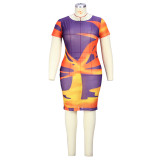 Plus Size Women's Korean Screen Printing Dress Net Red Short Sleeve Gauze Dress