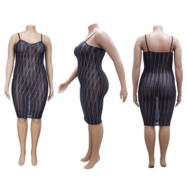 Large size light mature style women's mesh see-through skirt gold and silver thread suspender dress
