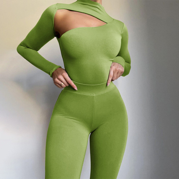 Solid Color Slim Fit Long Sleeve Hollow Micro Flared Pants Fashion Casual Suit Women