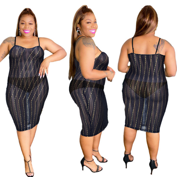 Large size light mature style women's mesh see-through skirt gold and silver thread suspender dress