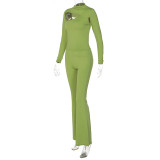 Solid Color Slim Fit Long Sleeve Hollow Micro Flared Pants Fashion Casual Suit Women