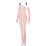 Mesh Sleeves Sexy Wrap Bust Pleated Long Dress