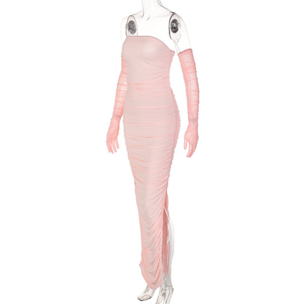Mesh Sleeves Sexy Wrap Bust Pleated Long Dress