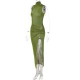 Solid color sleeveless slit midi skirt sexy slim dress women