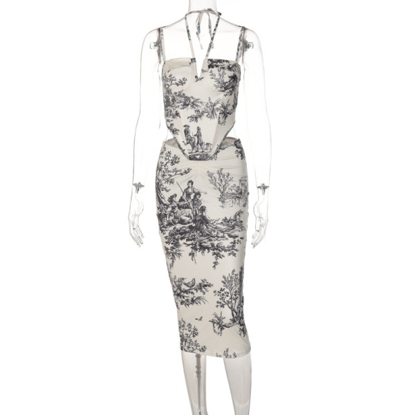 Retro style printed skirt two-piece fashion casual suit women