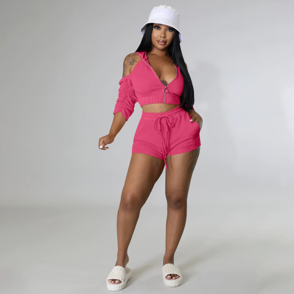 Pleated Sleeves Bleed Back Cutout Hooded Two Piece Drawstring Pants