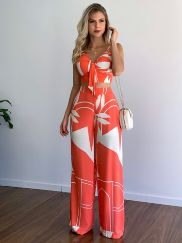 Casual suit V-neck short vest high-waist printed wide-leg pants two-piece set