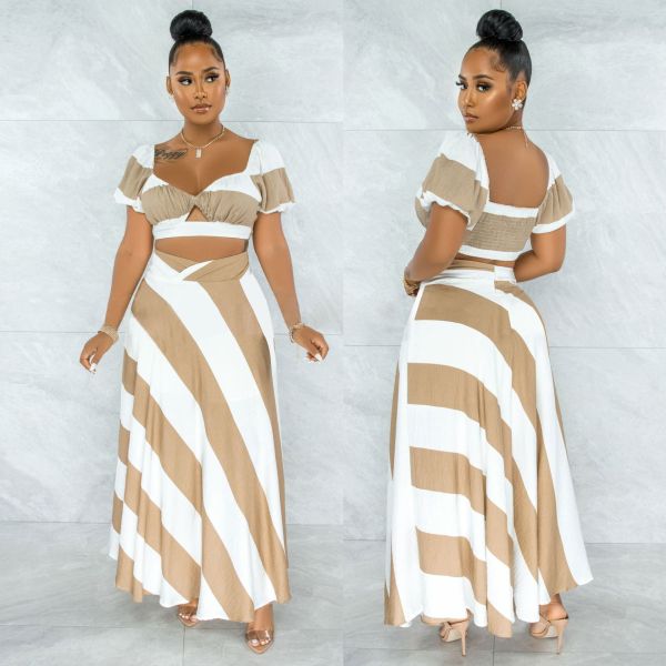 Short-sleeved t-shirt women's dress puff sleeve sexy navel long skirt