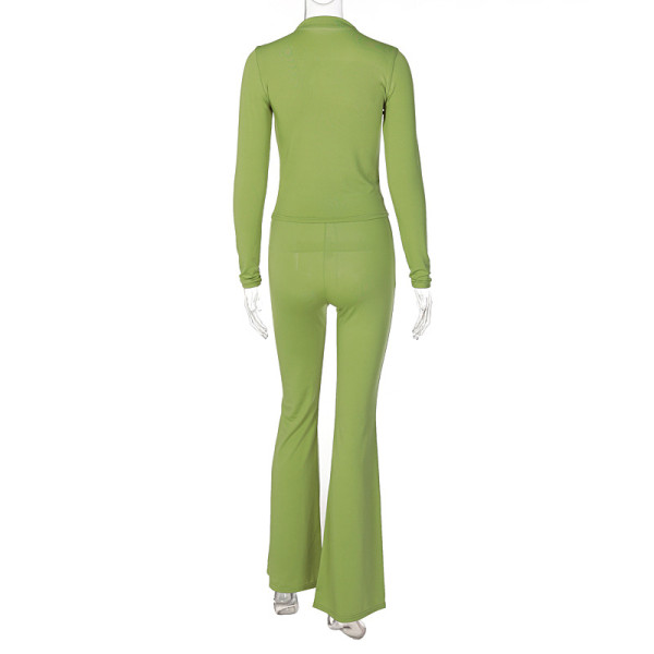 Solid Color Slim Fit Long Sleeve Hollow Micro Flared Pants Fashion Casual Suit Women
