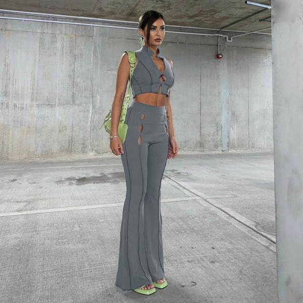 Solid Color Hollow Sleeveless Tank Top Pants Two-piece Fashion Suit