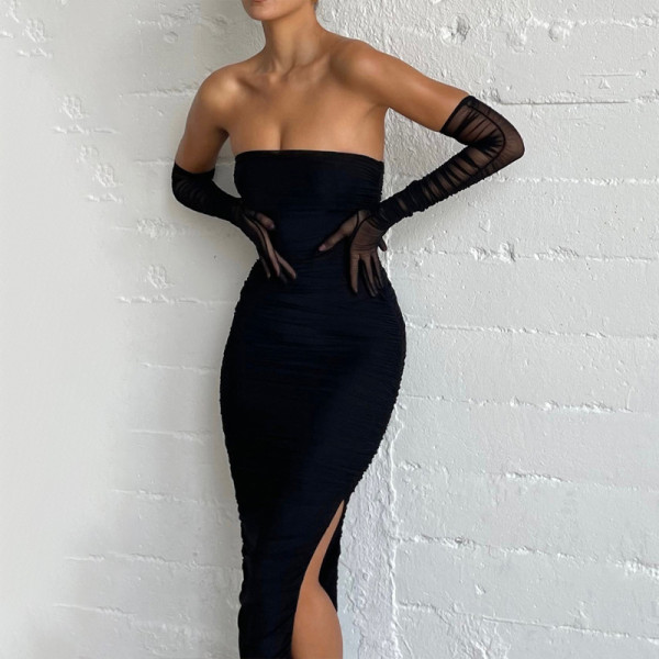 Mesh Sleeves Sexy Wrap Bust Pleated Long Dress