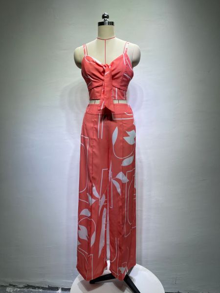 Casual suit V-neck short vest high-waist printed wide-leg pants two-piece set