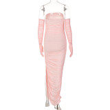 Mesh Sleeves Sexy Wrap Bust Pleated Long Dress