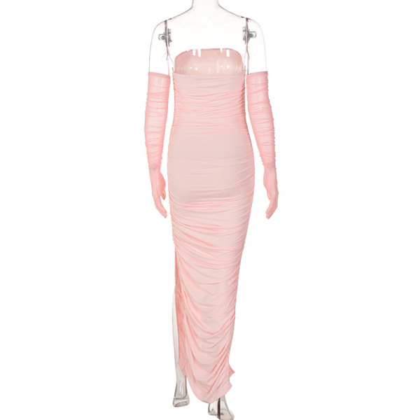 Mesh Sleeves Sexy Wrap Bust Pleated Long Dress
