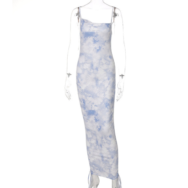 Fashion Print Drawstring Slim Fit Slim Open Back Sling Dress Women