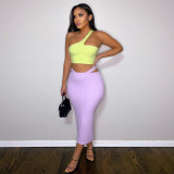 Contrast Color One-Shoulder Wrap Skirt Two-Piece Fashion Casual Set