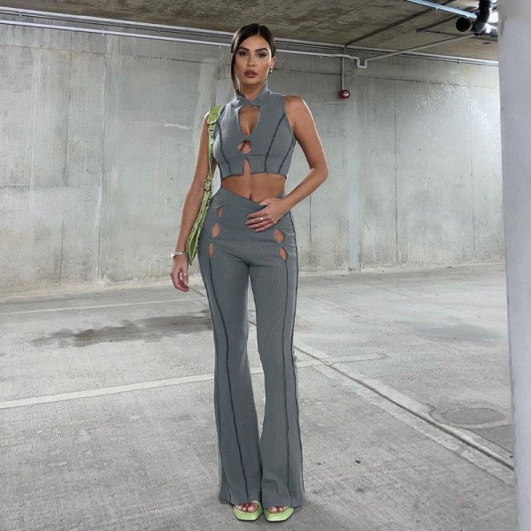 Solid Color Hollow Sleeveless Tank Top Pants Two-piece Fashion Suit