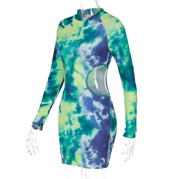 Tie Dye Print Sexy Hollow Zipper Cardigan Hip Dress Women