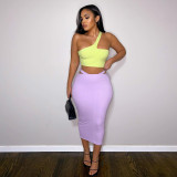 Contrast Color One-Shoulder Wrap Skirt Two-Piece Fashion Casual Set