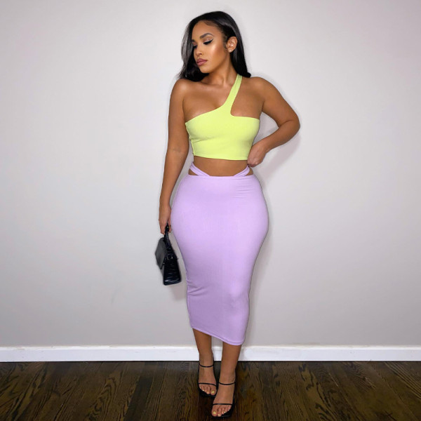 Contrast Color One-Shoulder Wrap Skirt Two-Piece Fashion Casual Set